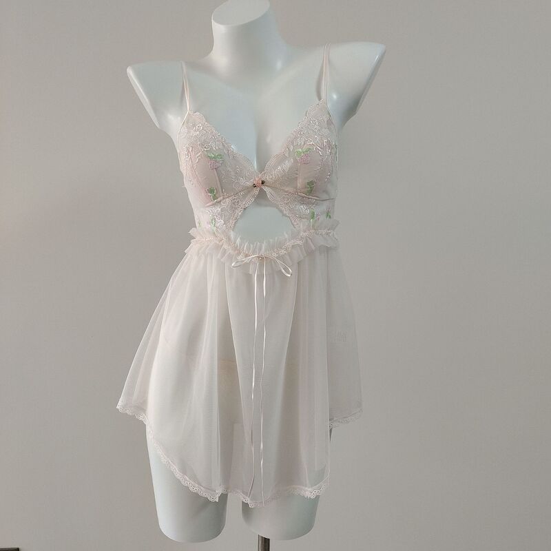Lace Embroidered See-Through Lingerie for Women, Sexy Mesh Camisole Nightgown with Chest Pads, V-Neck Thin Nightdress