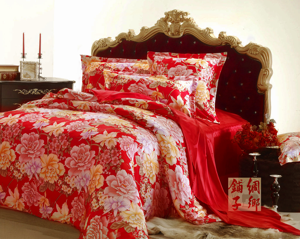 Wide True Silk Four Pieces 100% Mulberry Silkworm Silk Chinese Wedding Celebration Bed Set Kit Heavy 19 Mmi printed