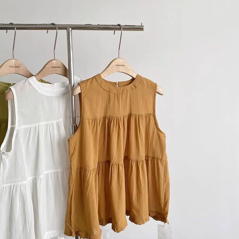 French-Style Sweet Orange Round-Neck Vest Shirt for Women, Summer Design with Lace-Up Ruffled Sleeveless Babydoll Top