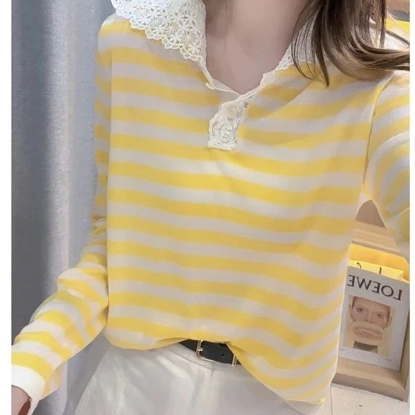 2025 Spring and Autumn New Fashion Versatile Lace Trim Hooded Striped Long Sleeve Top Women's T-Shirt Base Shirt Trendy 2025 Spring and Autumn New Fashion Versatile Lace Trim Hooded Striped Long Sleeve Top Women's T-Shirt Base Shirt Trendy