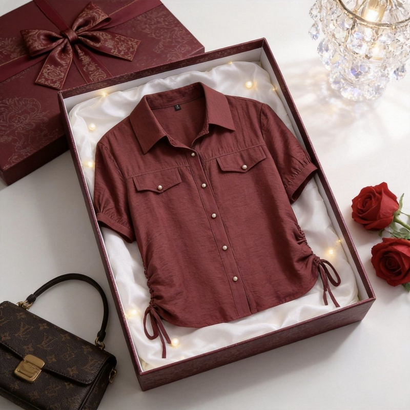 Retro Commuter Style Short-Sleeved Shirt for Women, New Summer Style, Fresh and Fresh, Waist-Cinching, Bow-Knot Drawstring, Age-Reducing Top Retro Commuter Style Short-Sleeved Shirt for Women, New Summer Style, Fresh and Fresh, Waist-Cinching, Bow-Knot Drawstring, Age-Reducing Top