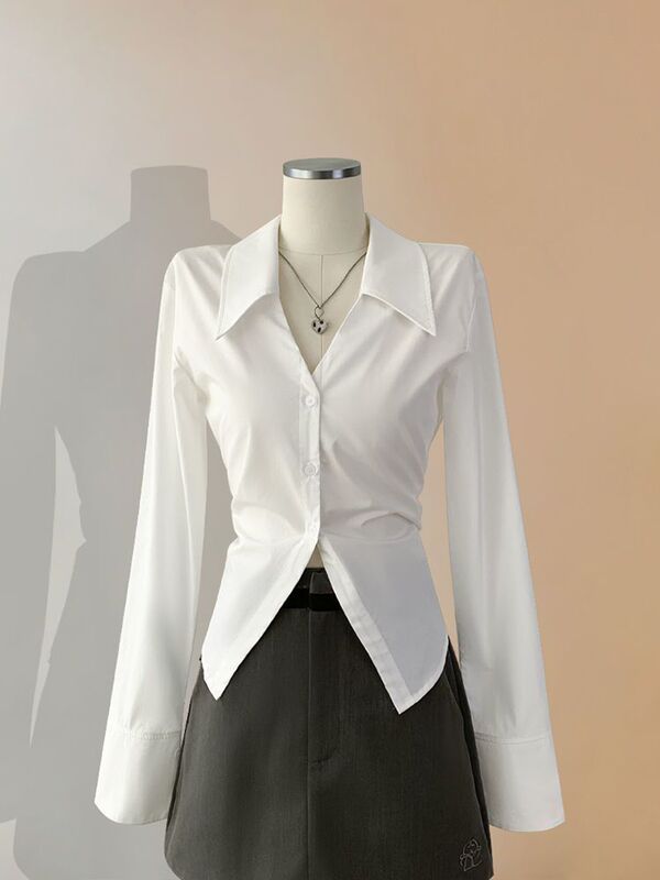 White Bell-Sleeve Inner Layering Shirt for Women, Spring and Autumn, Slim Fit, Waist-Cinching, V-Neck Layered Top