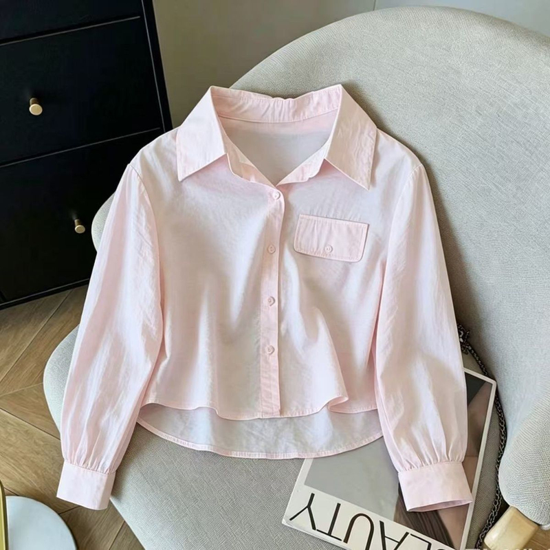 Simple Small Lapel Long-Sleeve Shirt for Women, New Spring/Autumn Style, Salt-Style Button Pocket Short Top for Petite Women