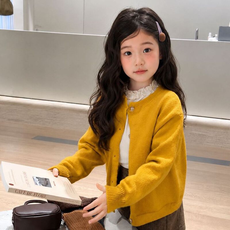 Korean-Style Children's Pumpkin Yellow Loose Sweater Cardigan for Girls, Simple Single-Breasted Knit Outerwear