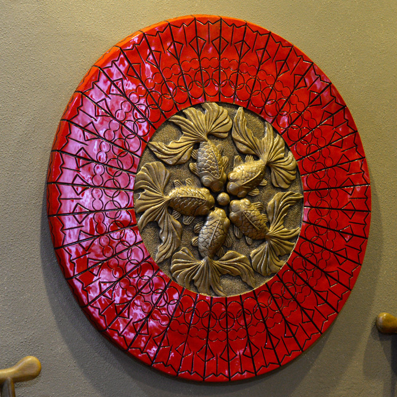 New Chinese-style retro living room pendant dining room background wall relief mural home decoration painting mural decoration Wufu goldfish