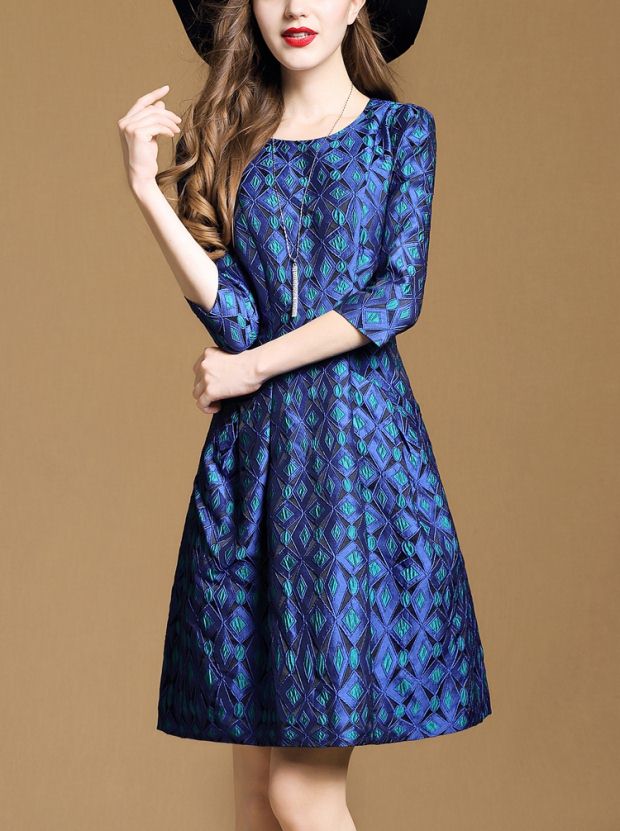 2018 mùa thu và mùa đông phụ nữ mới của tính khí bảy- điểm tay áo vòng cổ jacquard váy mỏng một từ mỏng mỏng váy đầm xòe tuổi trung niên