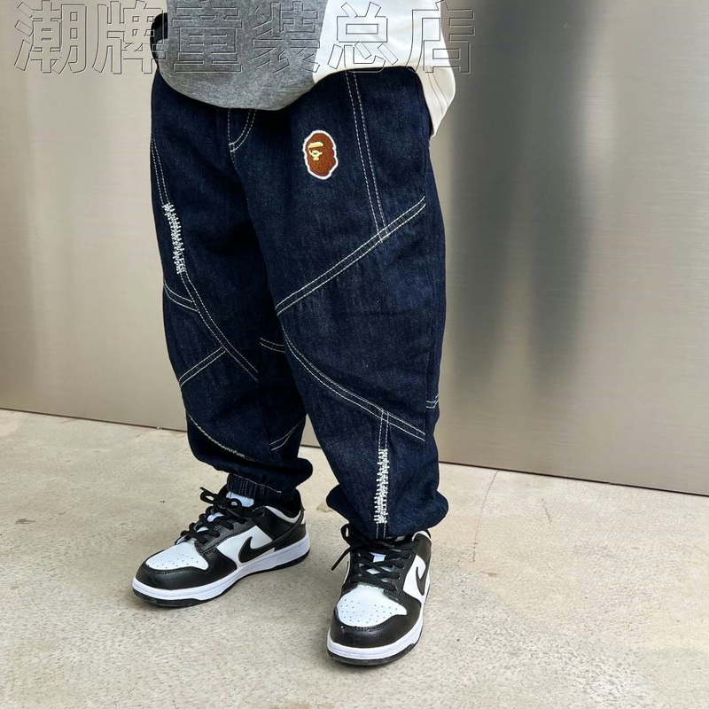 Japanese Trendy Brand Bape Children's Clothing 2026 New Autumn and Winter Boys and Girls Baby Pants Loose Jeans Fleece-Lined Long Pants