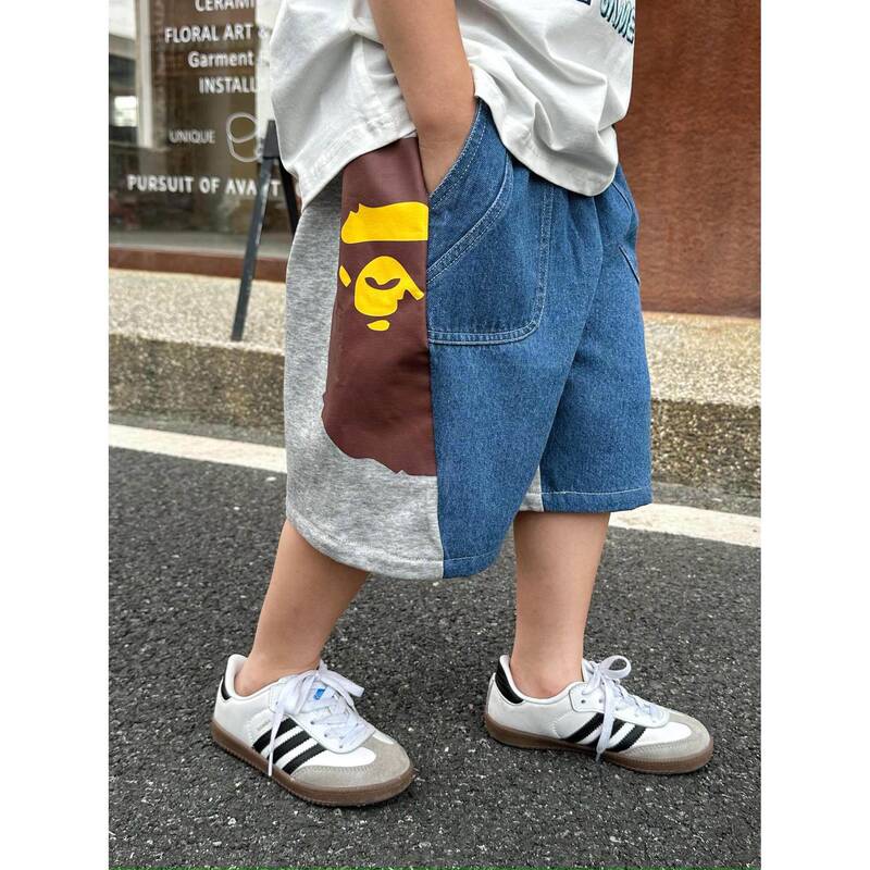 Japanese Trendy Brand Bape Summer Style Cartoon Print Patchwork Camouflage Casual Versatile Men's Denim Shorts for Kids and Teenagers