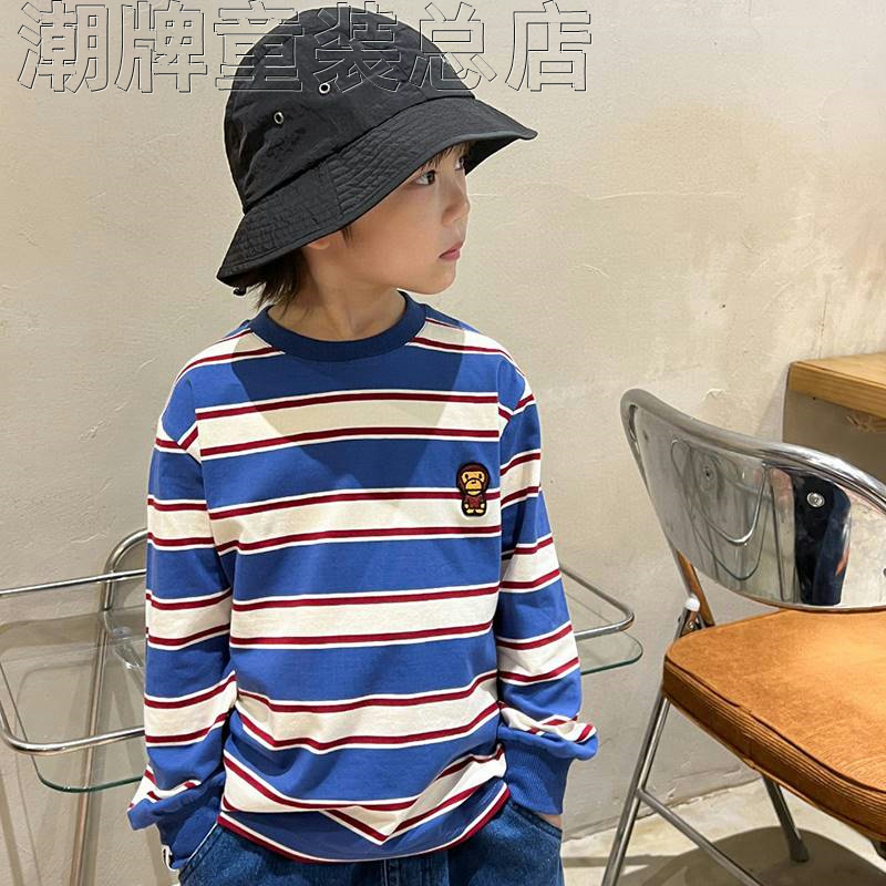 Japanese Trendy Brand Bape Children's Clothing 2022 Autumn New Ape Head Boys' Baby Embroidered Striped Long-Sleeve T-Shirt