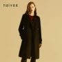 Naivee / 2018 mùa đông mới áo hai dây màu đen thắt lưng bằng len dài hai mặt áo măng tô kaki nữ dáng dài