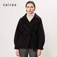 Naivee Nawei 2018 mùa đông mới của phụ nữ thắt lưng đen thắt lưng áo ngắn phần len hai mặt áo dạ hàn quốc đẹp