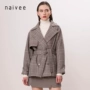 Naivee / Nawei 2018 thu đông của nữ mới A-line ren thắt lưng áo len kẻ sọc ngắn áo khoác gió nữ