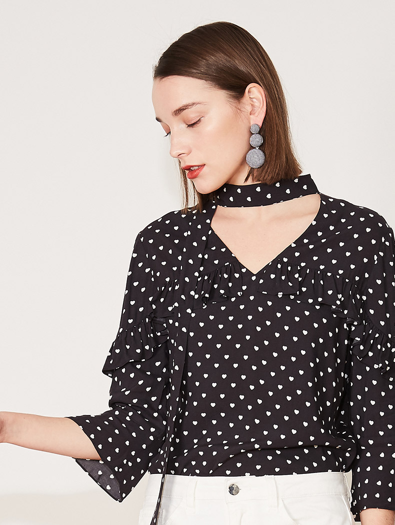 Nawei 2018 xuân mới xù cổ chữ V thắt nơ dài tay nữ retro cổ điển in hình tình yêu áo voan đẹp