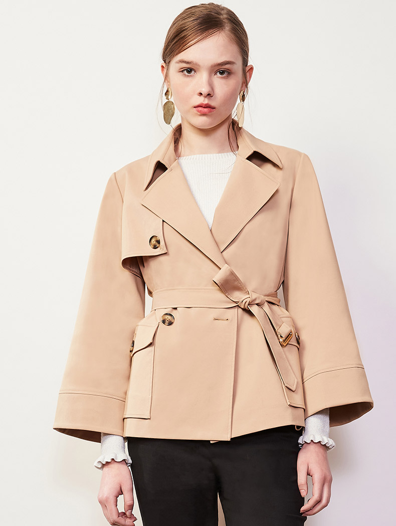Nawei 2018 thời trang mùa thu kèn tay áo dụng cụ bỏ túi thắt lưng thắt lưng trench coat ngắn áo khoác nữ áo khoác dạ nữ ngắn