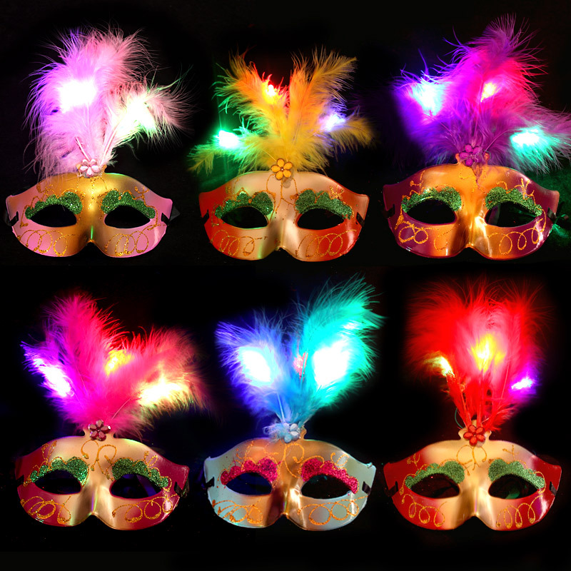 Glowing Feather Mask Three Light Glowing Mask Fashion Painted Feather Princess Mask Bar Mask Girl Toy