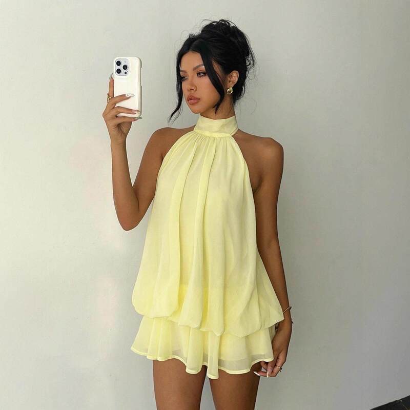 Hanging neck and waist top fluffy short skirt dress women Hanging neck and waist top fluffy short skirt dress women