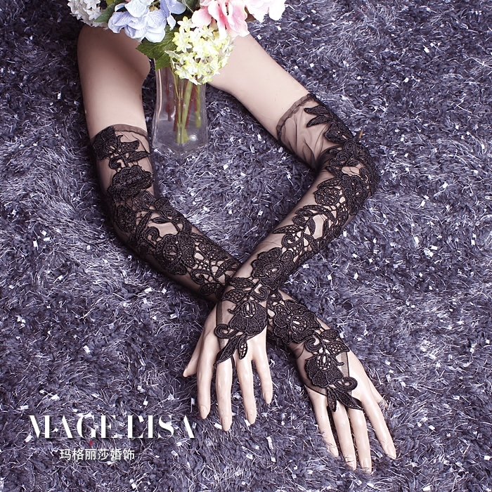 Mag Lisa web yarn Thin Rose Lace Flowers long Bride Gloves Wedding gloves Gloves Multicolored-Taobao