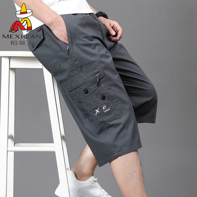 Scarecrow Summer Thin Pure Cotton Men's Cropped Pants Casual Multi-Pocket Cargo Pants Loose Straight-Leg Cargo Pants for Men