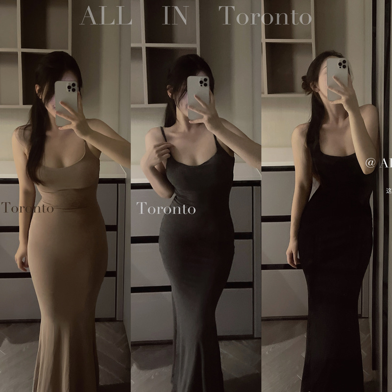Allin Sexy Pure Desire Modal Bodycon Dress with Built-In Bra, Solid Color Spaghetti Strap Dress, Mermaid Dress