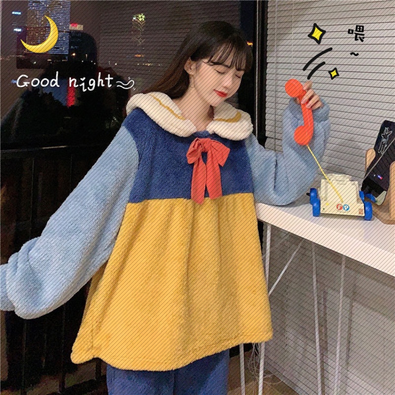 Cute pajamas female winter New thickened can wear ins student plush warm long sleeve home suit