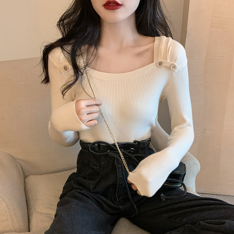 Slim slim square collar base shirt top autumn and winter 2020 new Korean version of the foreign school design sense of long-sleeved knitwear for women