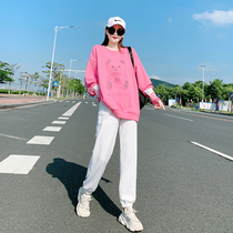 Casual sports suit female 2021 spring and autumn pink loose sweater fashion slim running Korean version student two-piece suit