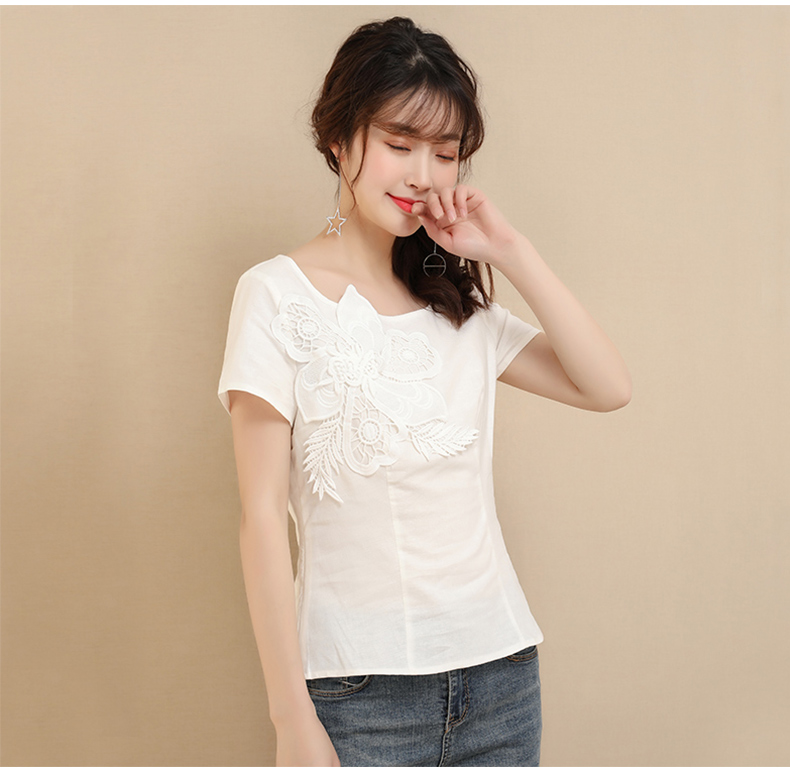 Gấp pháo hoa nóng 2018 mùa xuân và mùa hè mới của phụ nữ tính khí bông Mỏng ba chiều hoa ngắn tay áo T-Shirt Linghe áo sơ mi công sở nữ