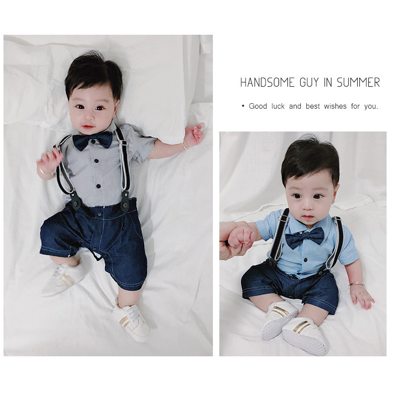 0-3 years old male baby boy baby boy newborn summer new denim cotton splicing bow gentlemen's bib pants