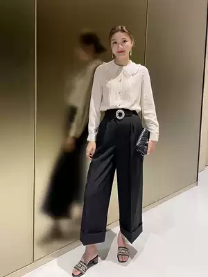 Lin Mei big circle imported diamond buckle high waist waist waist thin wide leg trousers~Thin temperament worsted wool trousers
