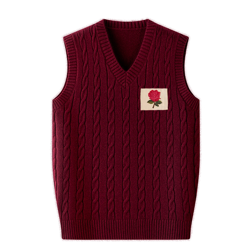 Ole Brand Old Money Style Men's V-Neck Rose Embroidery Merino Wool Knit Sweater Ckc Classic Casual Vest