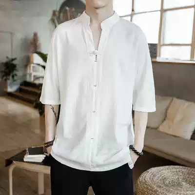 Summer Chinese style men's linen short-sleeved Tang suit Loose large size middle sleeve three-quarter sleeve T-shirt Cotton linen jacket half-sleeved top
