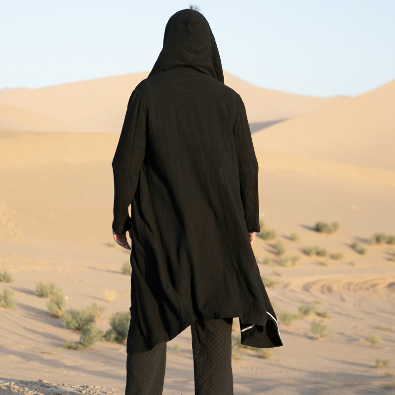 Dao robe Chinese style Tang costume young men loose cotton linen medium long size modified hooded cape hanfu long shirt