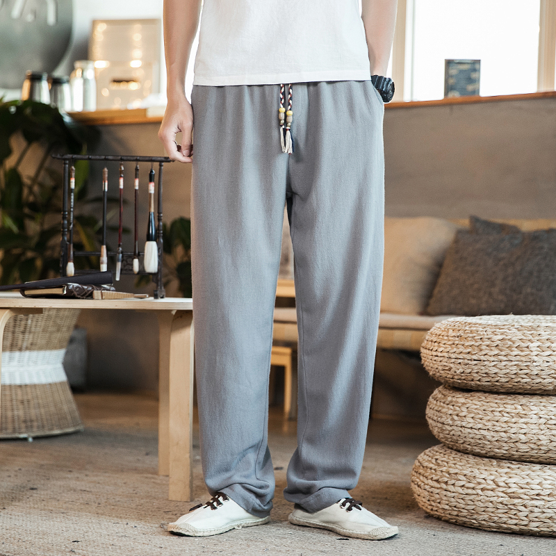 2020 Summer Linen Casual Pants China Wind Retro Cotton Linen Straight Drum Long Pants Trendy Personality Big Size Men Long Pants