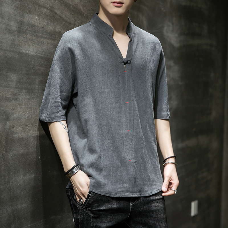 Summer thin section linen short sleeves Chinese wind 50% sleeves T-shirt V neckline cotton linen jacket fat Sub-size loose hemp material half sleeve