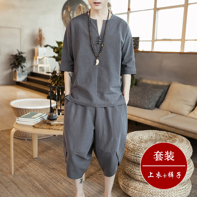 Linen Zen Mantra Served Tea Suit Chinese Style Tangi Cotton Linen Improved Hanfu China Wind Men's Dress National Suit