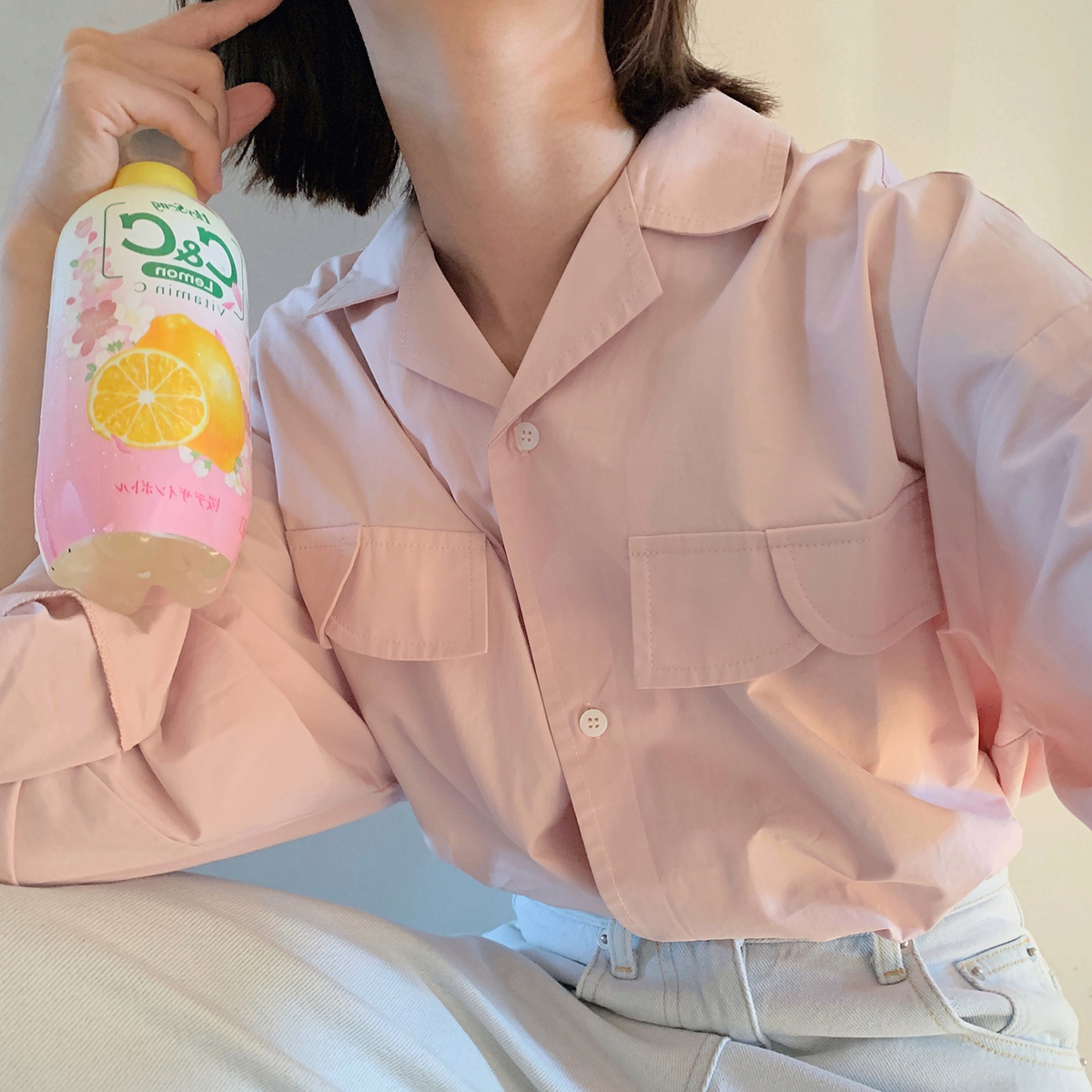 freshtaro Klein blue light pink purple combed cotton V collar special pocket loose shirt woman autumn long sleeves