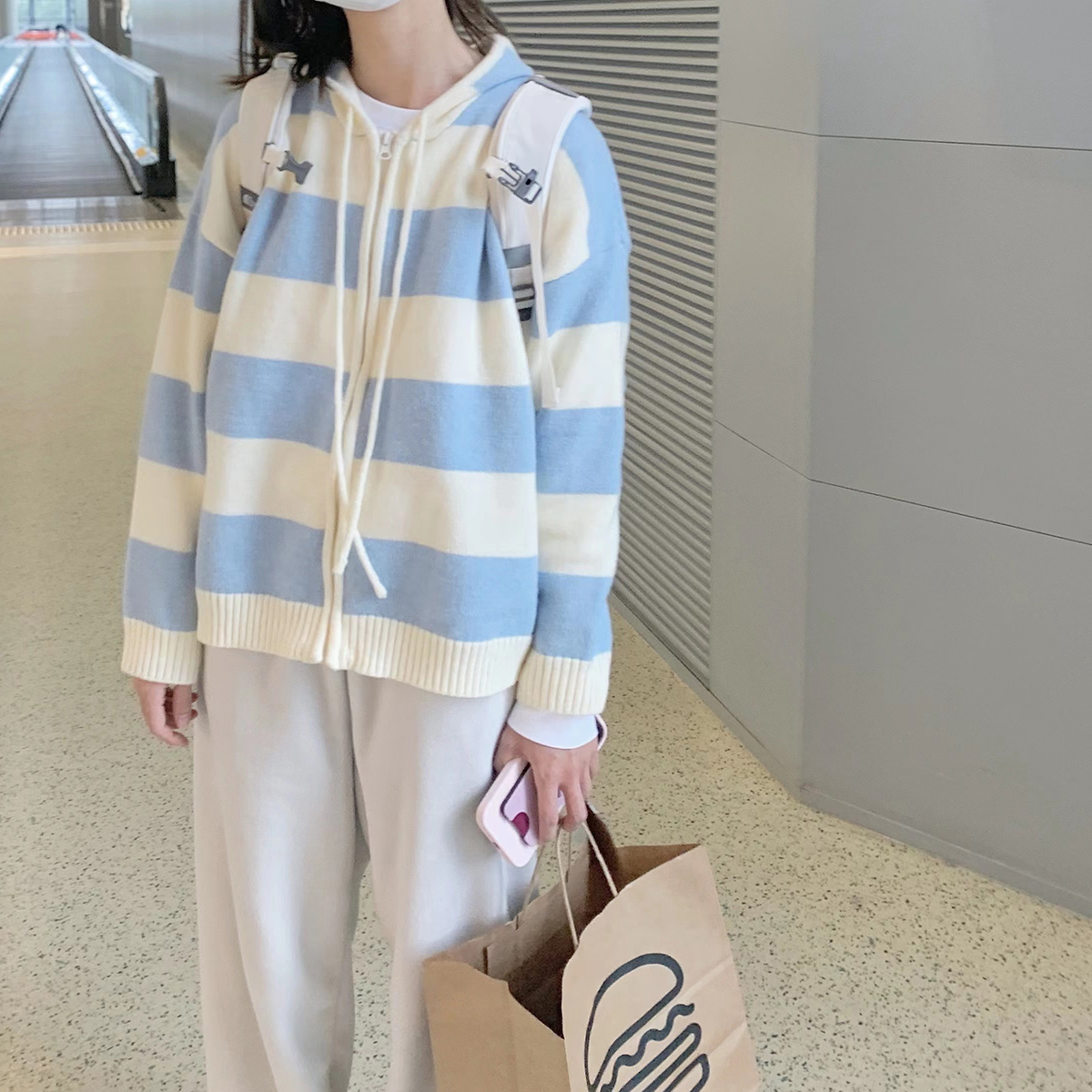 Qiyue homemade clean blue and white hooded striped knitted cardigan women's spring and autumn thin all-match coat