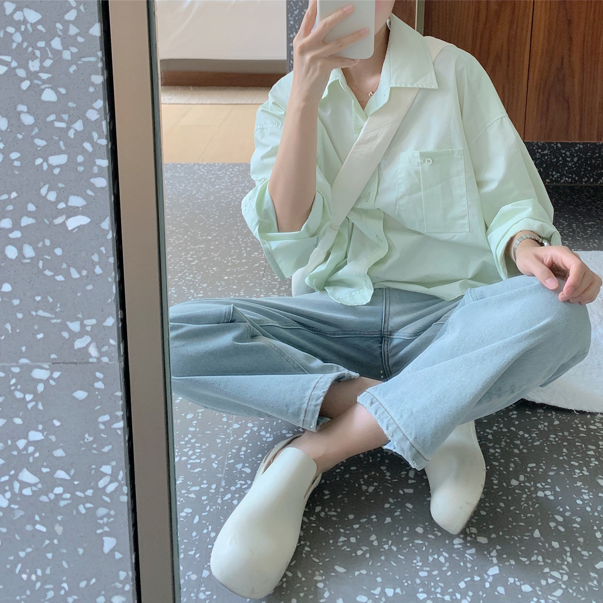Qiyue homemade mint green rice white fine combed cotton loose short pocket shirt female autumn slim fit long sleeve blouse