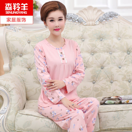 Pajamas women's autumn long-sleeved pure cotton mother middle-aged ladies spring and autumn thin section cotton round neck large size home service suit