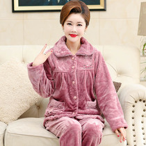 Middle-aged and elderly flannel pajamas womens autumn and winter fat MM home clothes thickened warm coral velvet mother suit plus size