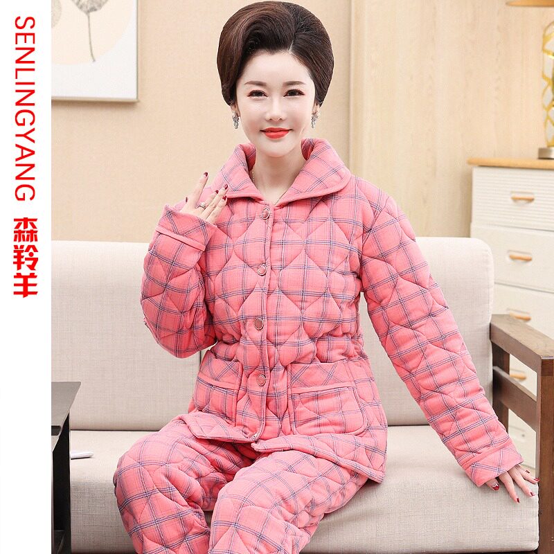 2021 Winter Lady Triple Clip Cotton Warm Pyjamas Thickened Pure Cotton Padded Jacket Middle-aged Mother Suit Home-Taobao