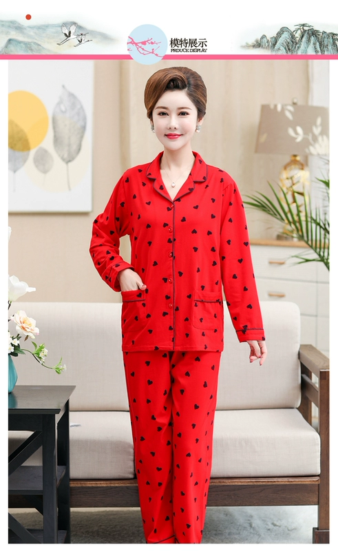 Đồ ngủ nữ dài tay cotton plus phân plus size mẹ trung niên áo nịt cotton mặc nhà phù hợp với mùa xuân và mùa thu - Giống cái