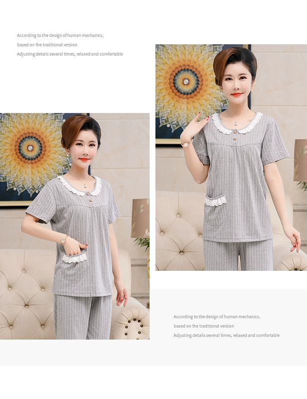 Bộ đồ ngủ nữ mùa hè cotton cổ tròn áo pull bà mẹ trung niên béo plus size phục vụ tại nhà quần tây ngắn tay phù hợp với - Giống cái