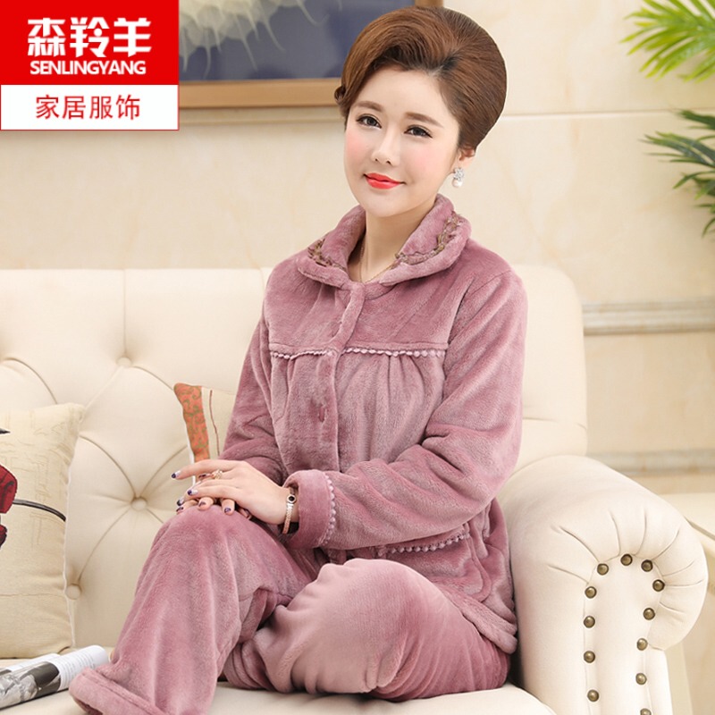 Autumn and Winter Coral Velvet Pajamas for Women, Thickeneded Winter Large Size, Middle-Aged and Elderly Mother's Wear, Women's Flannel Home Wear Set