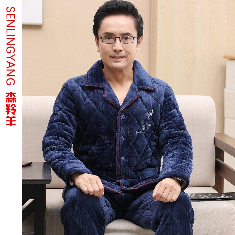Enlarge Code men's winter three-layer thickened coral suede clip cotton pyjamas daddy autumn winter warm flannel sumpsuit-Taobao