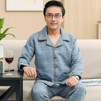 Thin cotton sleeved pajamas mens winter spring and autumn thick cotton long sleeve middle-aged and elderly men plus size loose suit