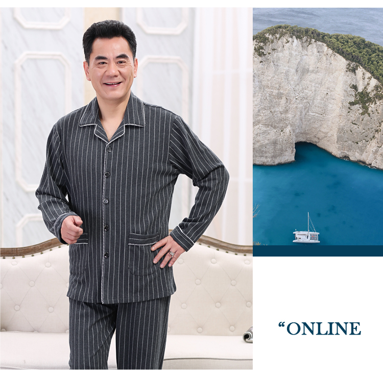 Bộ đồ ngủ nam cotton dài tay mùa xuân và mùa thu cộng với phân bón XL dành cho người trung niên cotton mỏng phù hợp với dịch vụ gia đình đồ bộ mặc nhà cao cấp