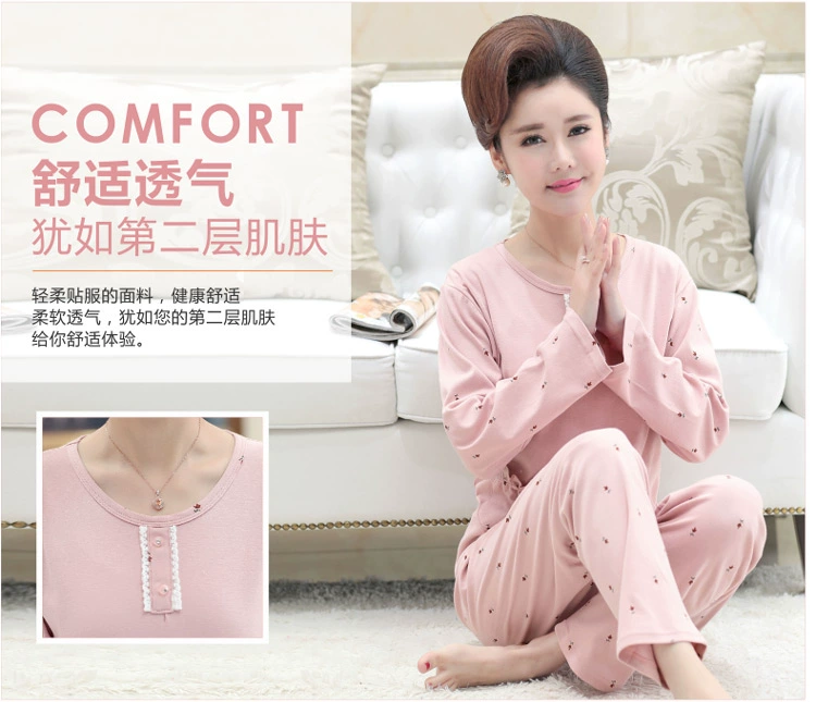 Bộ đồ ngủ cotton dài tay dành cho nữ trung niên bộ mặc nhà trung niên
