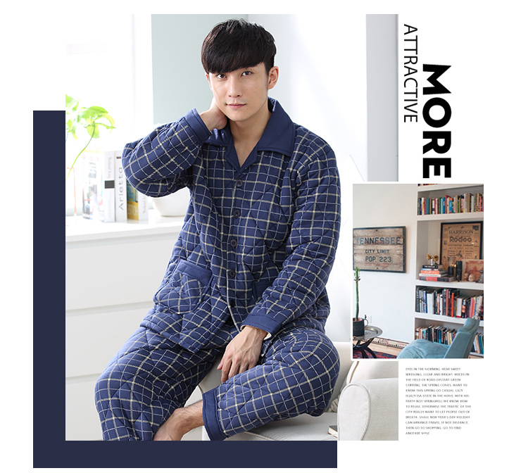 Bộ đồ ngủ dành cho người trung niên và lớn tuổi hơn nam mùa đông dày ba lớp bộ lụa mặc nhà