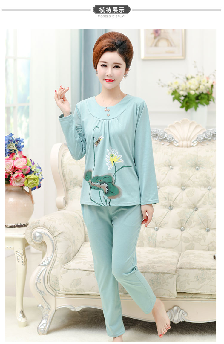 Mùa xuân và mùa thu trung niên và phụ nữ tuổi già đồ ngủ cotton dài tay phụ nữ trung niên bộ mặc nhà thu đông